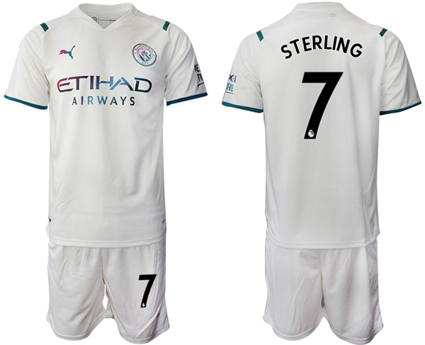 Men's Manchester City #7 Raheem Sterling 2021/22 White Away Soccer Jersey with Shorts